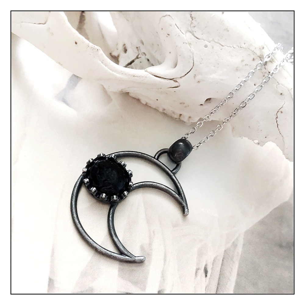 Antiqued Brass Crescent Moon Black Onyx Healing Necklace